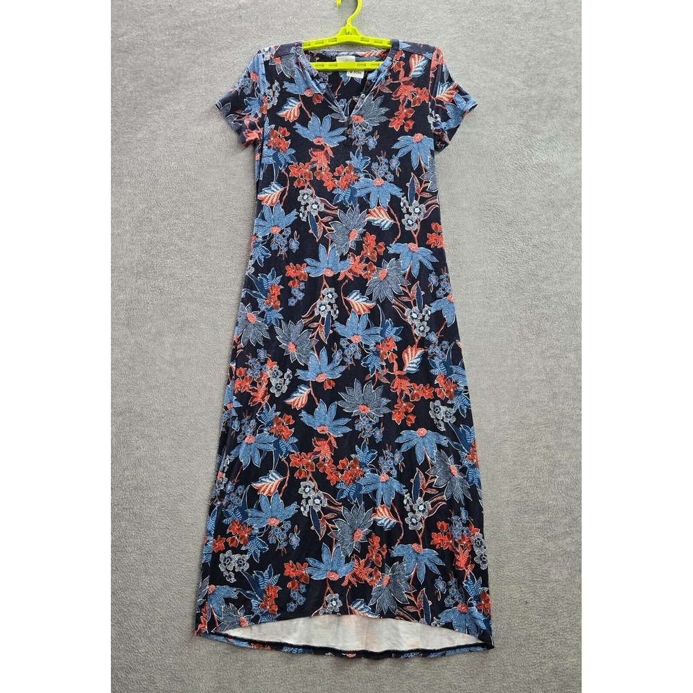 J Jill Women Dress XS Blue Floral Maxi Autumn Winter Short Sleeve V Neck